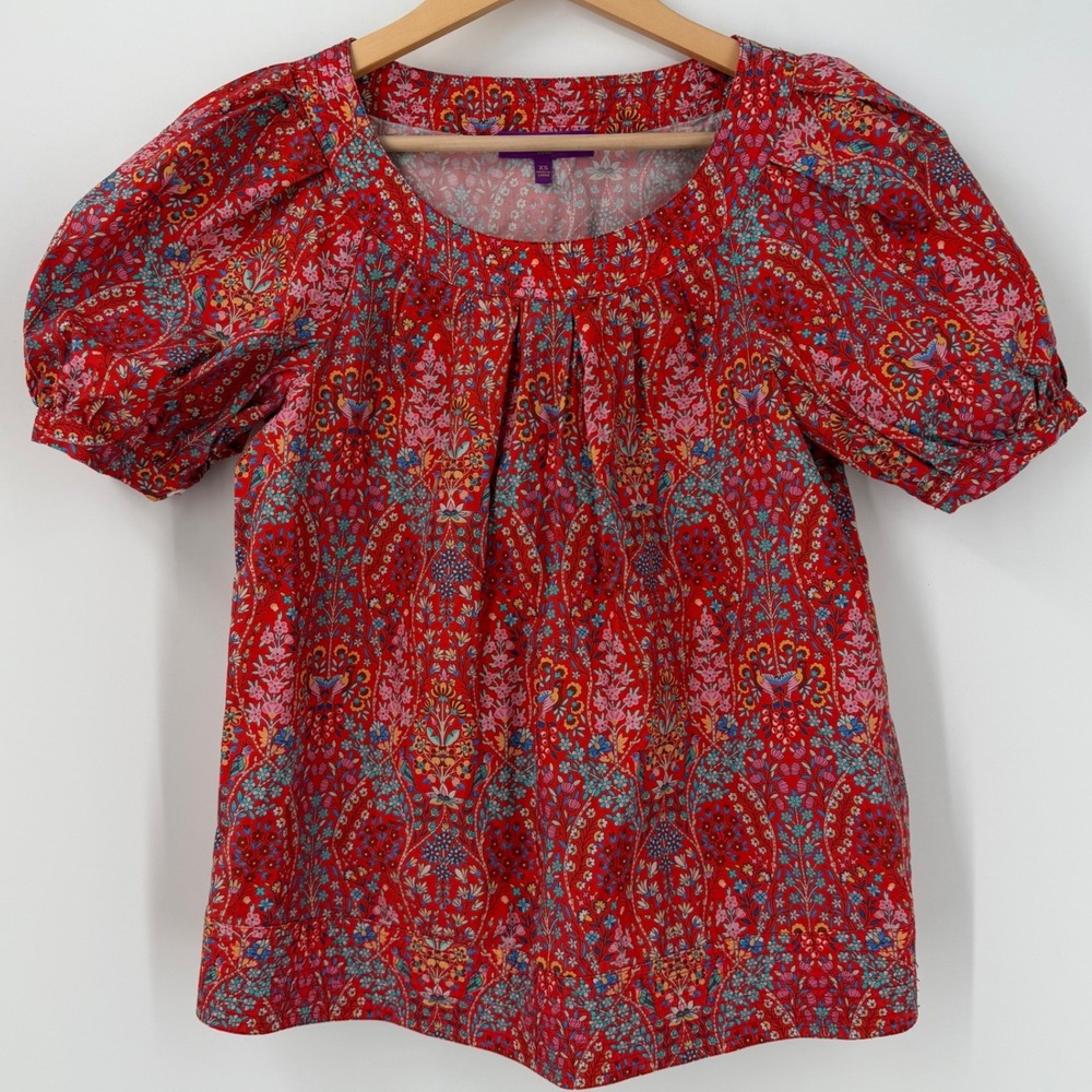 Liberty Fabric 100% Cotton Floral Bird Print Puff Sleeve Top Red Womens XS Boho